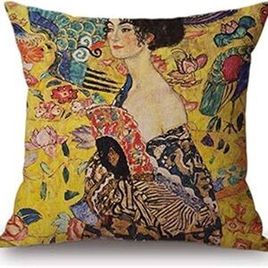 Gustav Klimt “Lady with Fan” Pillow Cover – 17.5” Square – Polyester Satin– NWOT